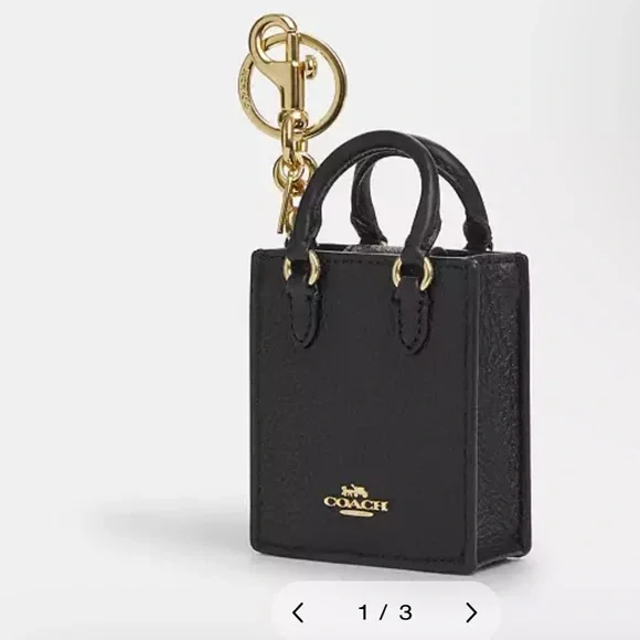 Coach North/South Mini Tote Bag Charm in Pebble Black Leather - Picture 2 of 3